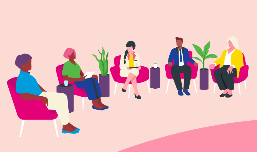 Illustration of people sitting in chairs in a row as a panel.