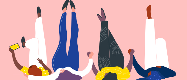 Illustration of four women on the backs with their legs up against a wall taking a photo